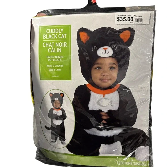 Cuddly Black Cat Costume Infant Halloween Jumpsuit‎ Hood Detachable Tail 0-6 Mo