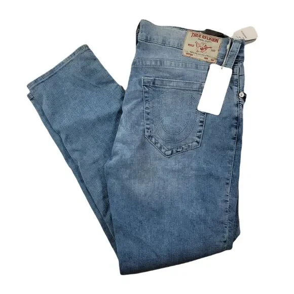 True Religion Rocco Jeans Mens 38x32 Light Wash Blue Denim Skinny Fit NEW