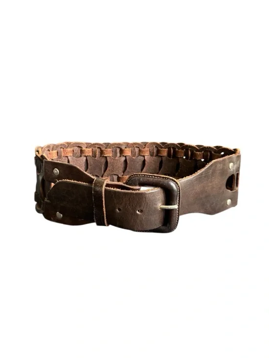 Vintage Woven Leather Belt Waist Statement Wide Brown Womens Small / Medium