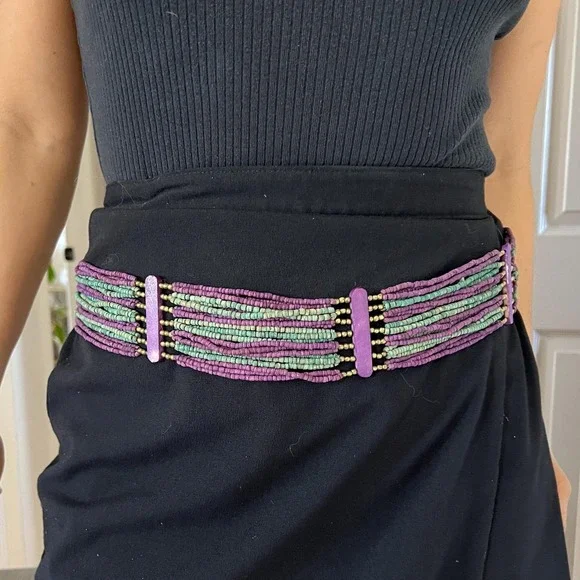 Vintage slinky multi strand wooden beaded waist belt boho‎ market purple green