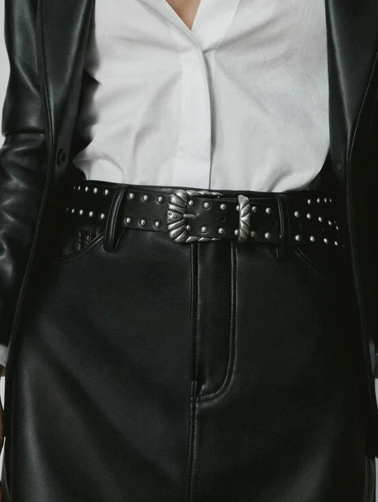 Good American NWT Faux Leather Wide Studded Western Belt Size M/L Color Black
