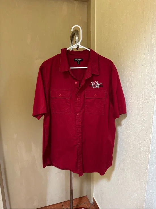 True Religion Men’s Red Button Up Shirt Embroidered Logo Utility XL