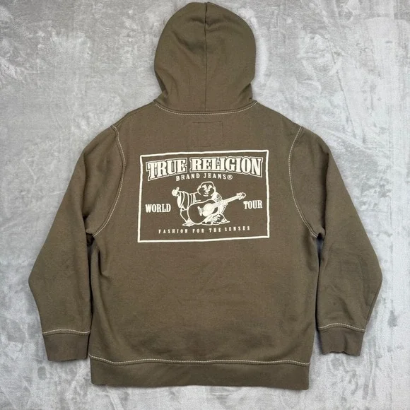 True Religion Mens World Tour Buddha Zip Hoodie Brown Contrast Stitch Y2K 3XL