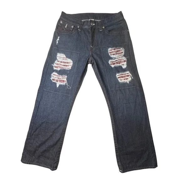 Vintage True Religion Jeans Mens 38 Blue Straight Distressed Bandana Patch USA