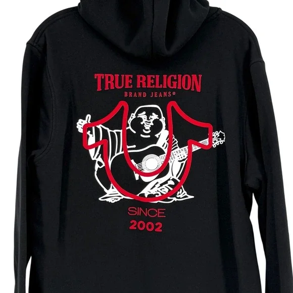True Religion Flocked Horseshoe Zip Hoodie Black Red Contrast Logo Graphic L