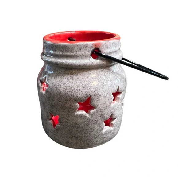 Rustic Ceramic Star Lantern Speckled Grey‎ Red Interior Mason Jar Style 3.5