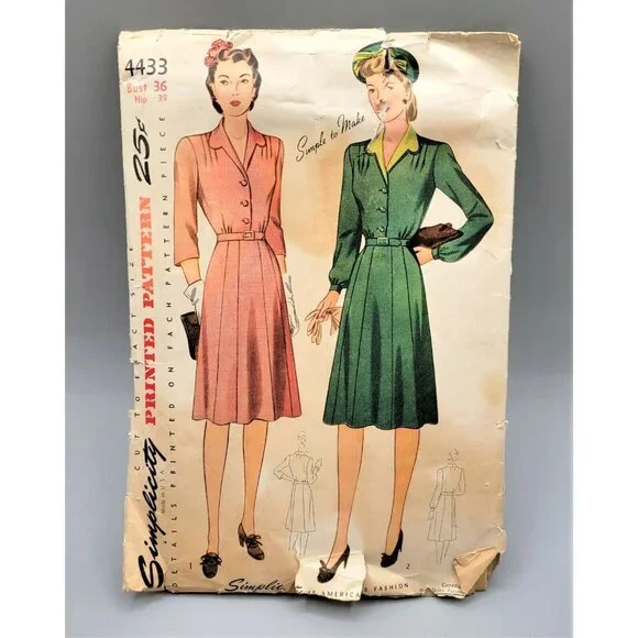 Simplicity 1942 Women's Dress Sewing Pattern Button Bodice Gored #4433 Size 36
