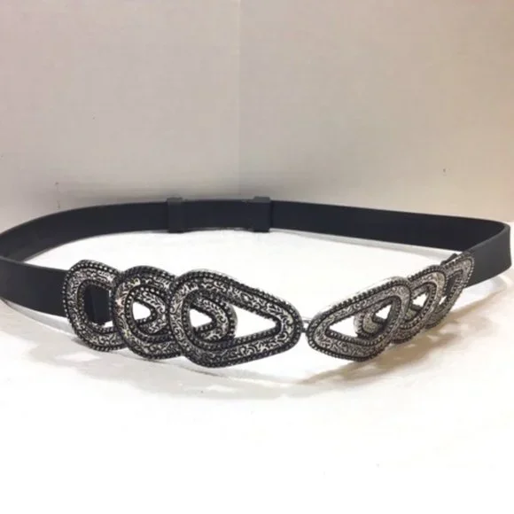 Chico's Black Genuine Leather Fashion Adjustable Silver Buckle Belt Size S/M