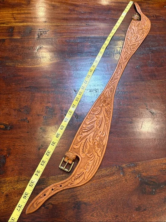 Vintage Ralph Lauren Brown Tooled Leather Cross Double Buckle Belt size Medium