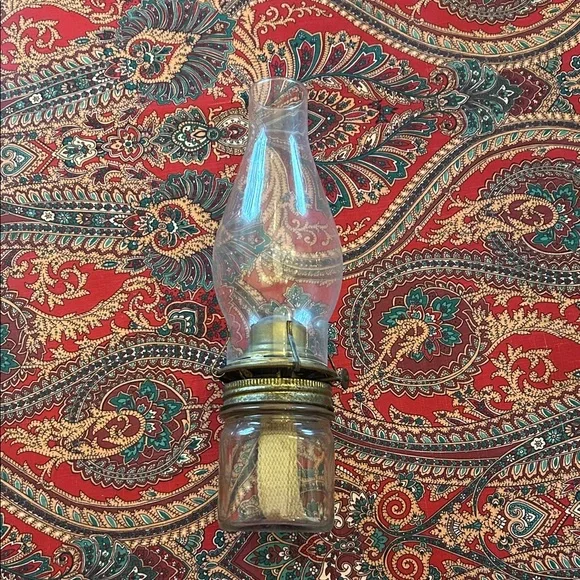 Vintage Kerr Mason Jar Glass Oil Lamp with Brass Accents & Globe
