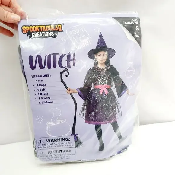 Witch  Wizard Halloween Costume Kit for Kids  Dress with Broom Cape Belt Hat