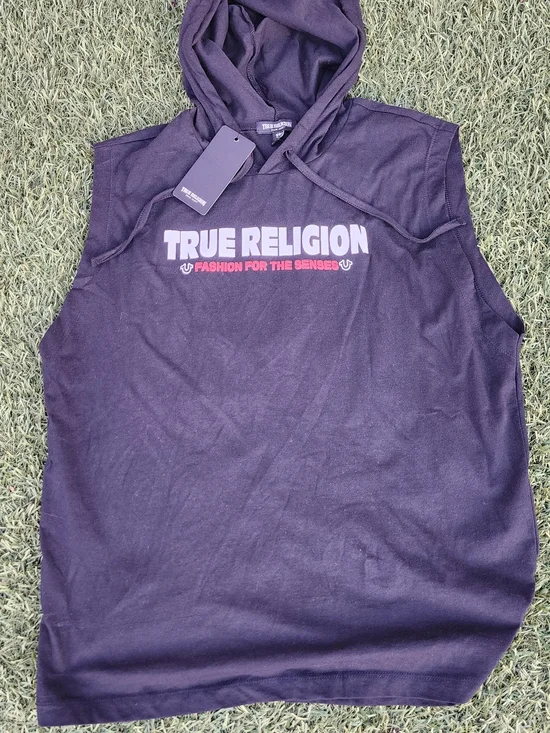 True Religion Jet Black HS Box Hooded Tank - M