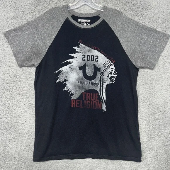 True Religion T Shirt Men's Size L‎ Black Gray Indian Head Chief Raglan Tee