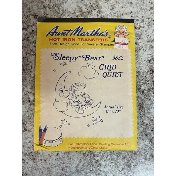 Sleepy Bear on Moon Crib Quilt Aunt Martha's Hot Iron Embroidery Transfers #3832