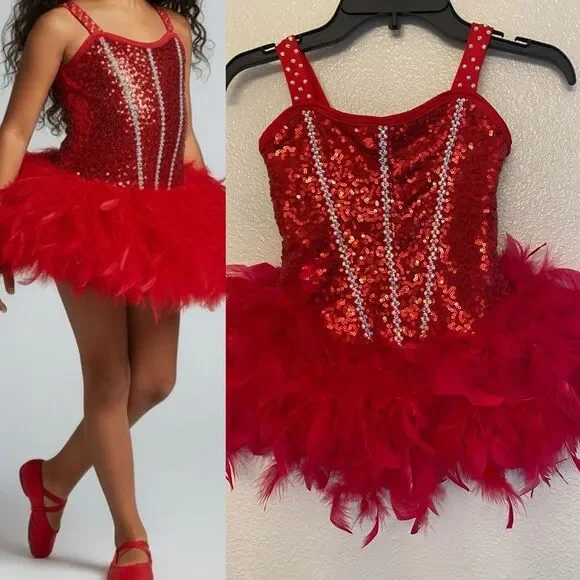 Competition Solo Dance Costume custom red feather sassy jazz MC-Medium child