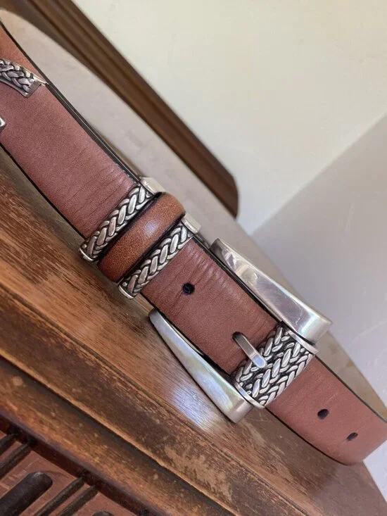 Vintage Southwest Style Silver Chunky Buckle Brown Leather Belt Size 28-32