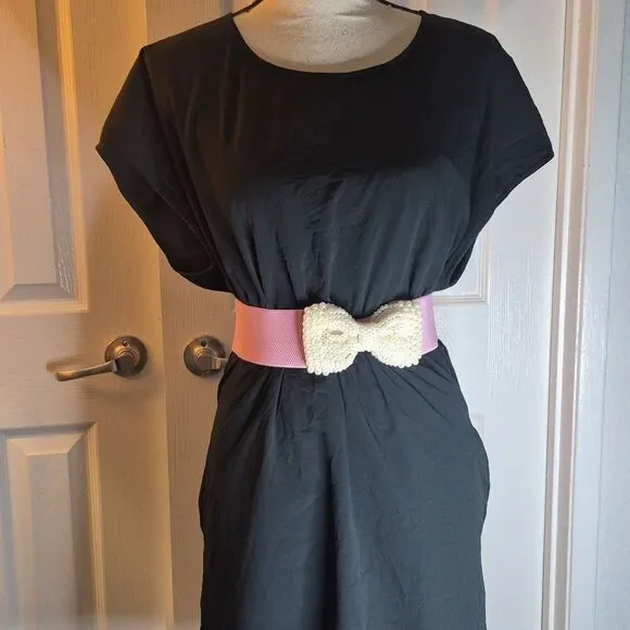 ♡♡♡Faux Pearl Large Bow Wide Stretch Dress Belt Cream Pink Party CLub Wear