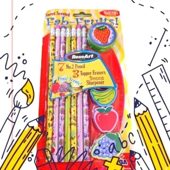 Roseart retro Fab Fruits pencil and eraser‎ set kawaii NEW