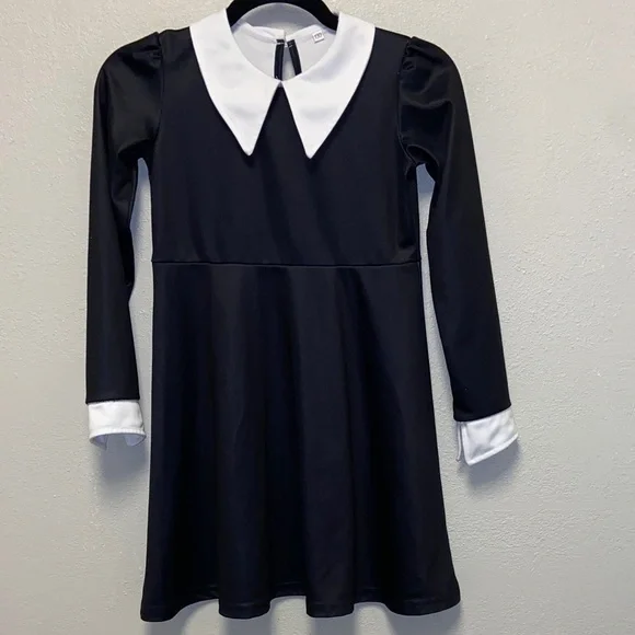 Wednesday Addams Girls's 8/10 Black and White Kids Cosplay Costume Dress 3584