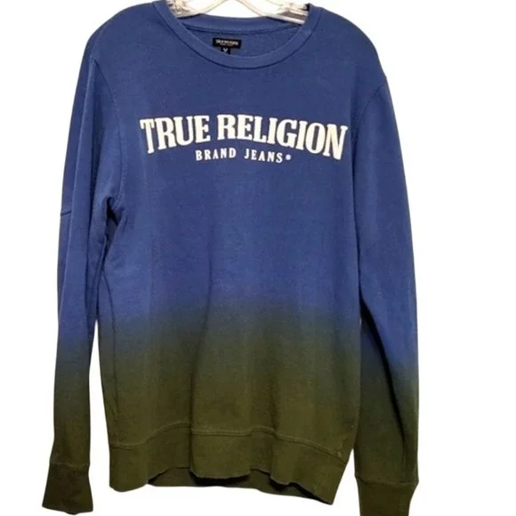True Religion Men's Sweatshirt World Tour‎ Blue Black Ombre Pullover Size Small