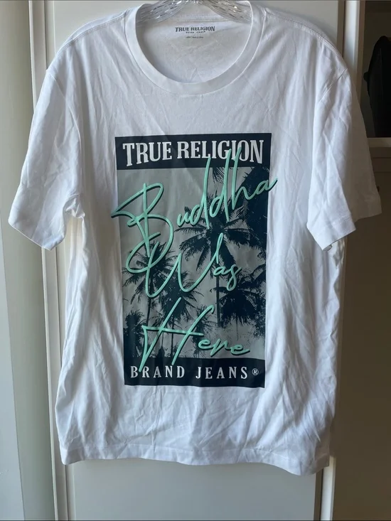 True Religion White Tee with Mint Green Raised Script and Palm Trees Graphic.