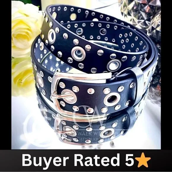 💼Kenna Eyelet Buckle Belt, Black, Faux Leather, Unisex Buyer Rated 5⭐️