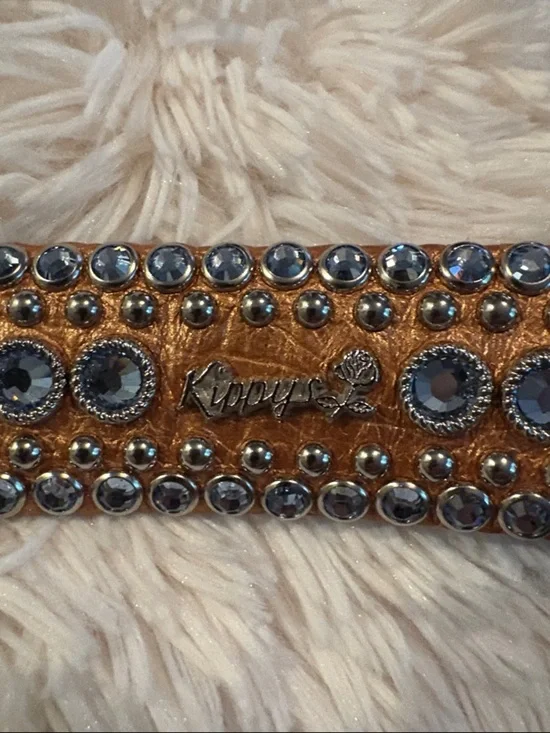Kippy’s  bronze  metallic leather belt with light blue Swarovski crystals.