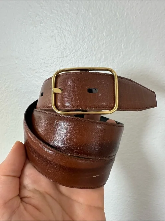 Vintage Classic Brown Leather Belt Sleek Solid Brass Buckle Minimalist Size S