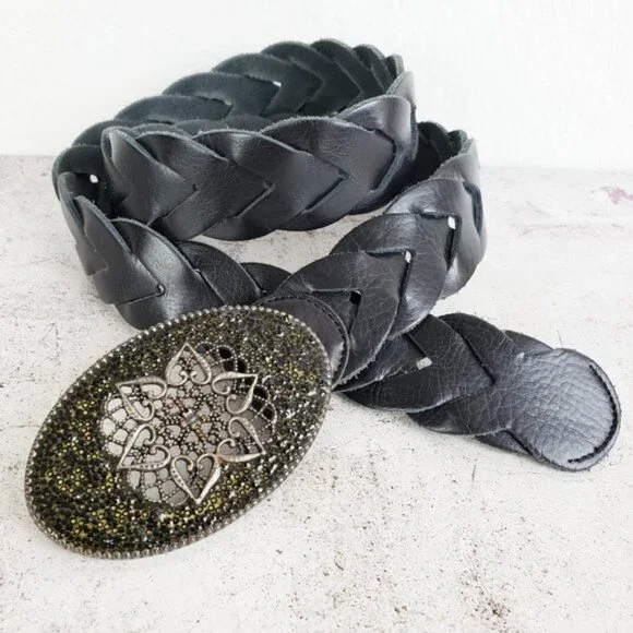 Vintage Bohemian Braided Leather Belt Enameled Metalwork Mandala Buckle