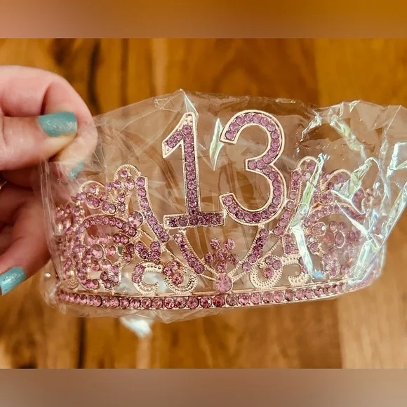 Pink Rhinestone Tiara with  13th birthday and sash   Rose gold