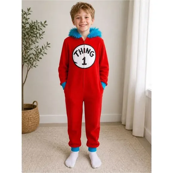 Dr. Seuss Thing 1 Kids Hooded Costume One Piece Plush Fleece Pajamas Red Blue