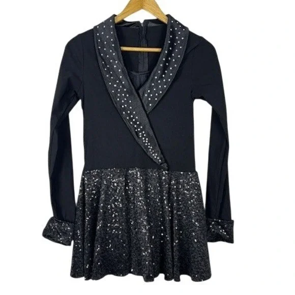 Weissman Black Rhinestone Sparkle Dance Dress Costume Long Sleeve Lapel‎ Collar