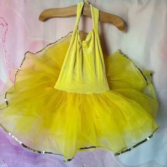 WOLFF Fording Dancewear Yellow Velvet Halter Tap Ballet Tutu Dance Costume SC