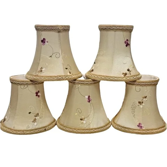 Set Of 5 Chandelier Floral Embroidered Chanting Lamp Shades Cream Bell Shape‎