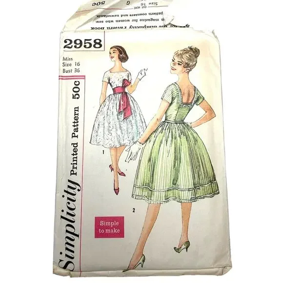 Simplicity Vintage 1959 Pattern #2958 Flare Swing Dress Miss Size‎ 16
