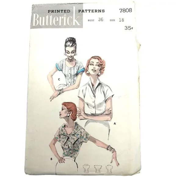 Butterick Vintage 1956 Pattern #7808 Button Front Blouse Size‎ 18 HTF RARE