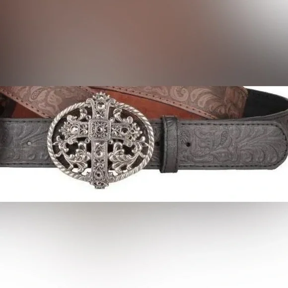 Cross Rhinestone Buckle Black Tooled Scroll Belt Size Large