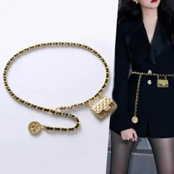 Anthropologe  Black Gold Chain Belt With Designer Mini Charm Bag