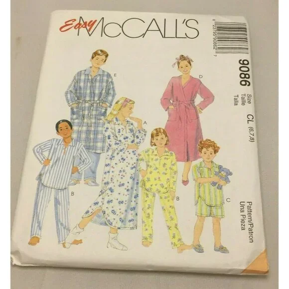 McCalls Easy 9086 Night Shirt Robe Pants Sewing Pattern Craft Size CL Kids 6 7 8