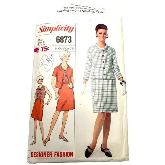 Simplicity Designer Vintage 1960's Pattern‎ #6873 Misses Suit and Blouse Size 14