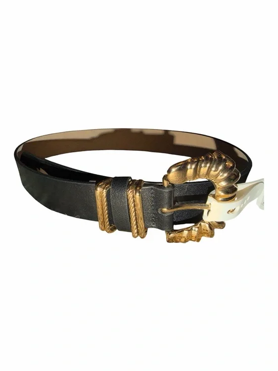 NWT A New Day Black Faux Leather Belt Chunky Textured Organic Gold Buckle