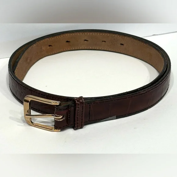 BILL BLASS DESIGNER CORDOVAN BROWN LEATHER BELT, CROCO-EMBOSSED, GOLD BUCKLE,