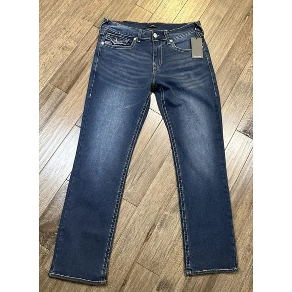 True Religion Ricky‎ Jeans Mens 36x34 Dark Wash Relaxed Straight Bold Stitch NWT