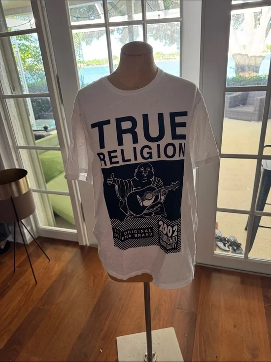 True Religion White Tee with Navy Graphic Buddha