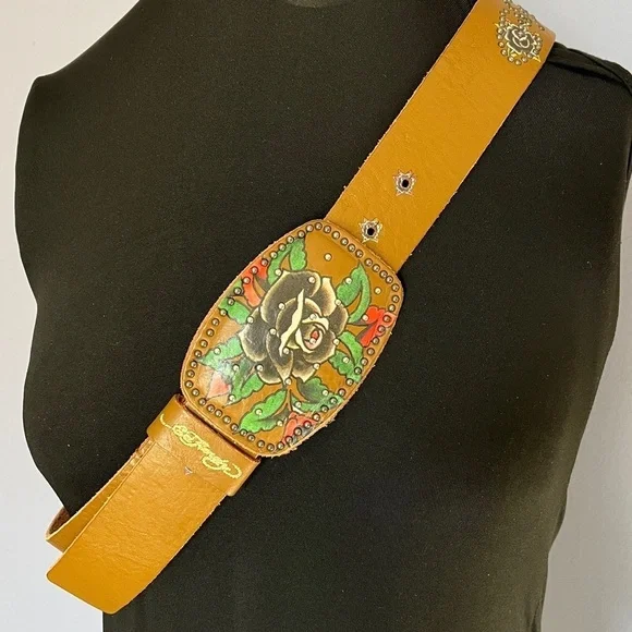 Ed Hardy Leather Belt Yellow Rose Tattoo Buckle Adjustable Size L Vintage Style