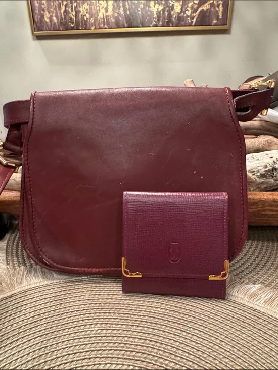 Cartier Leather Messenger Bag in Deep Burgundy with Matching Card Case