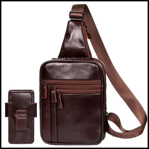 Leather Tactical Sling Bag Crossbody Messenger Adjustable Strap Vintage Minimal