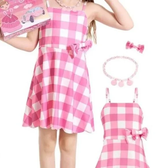 New: 50’s pink plaid dress‎ w jewelry & bows (9-10 years old)