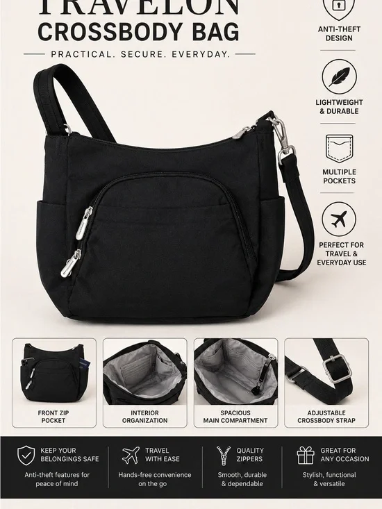 Travelon Black Nylon Crossbody Travel Bag Organizer Multi Pocket Lightweight