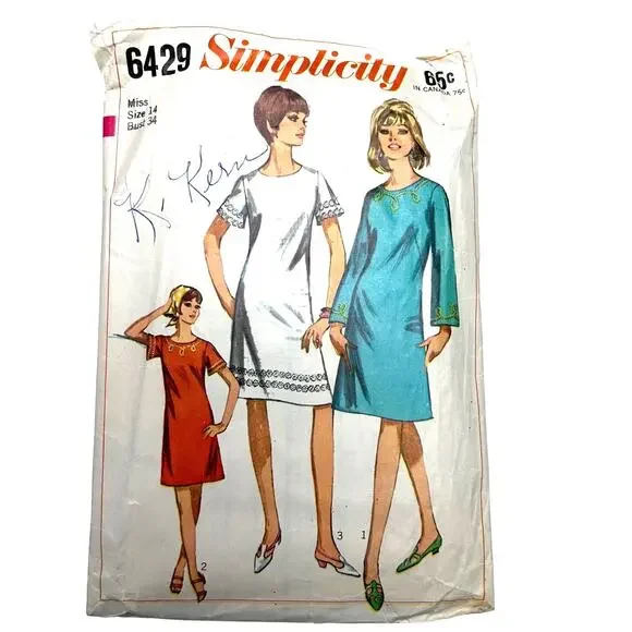 Simplicity Vintage 1960's‎ Pattern #6429 Misses One Piece Dress Size 14